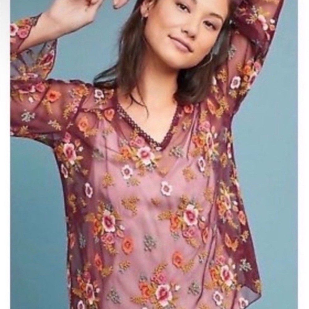 Anthropologie Feather & Bone Floral Embroidered‎ Sheer Top - Small